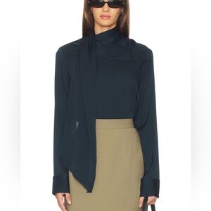 Elegant Dark Blue Blouse with Scarf Detail